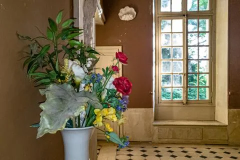 View through the window with bars on the green Park Stock Photos