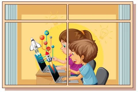 View through the window of children doing homework Ilustración de archivo