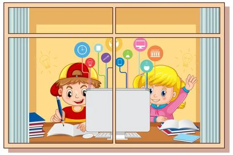 View through the window of children doing homework Ilustración de archivo