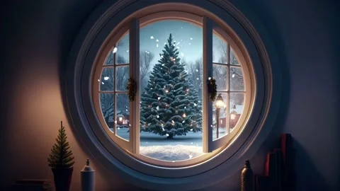 View through window to a christmas tree in the snow Stock Footage 226826296