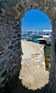 View through a window of the city tower of naoussa, paros, kykladen, greece,  Stock Photos