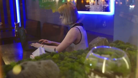 View through the window of the coffee house at a modern young business lady Stock Footage 169115136