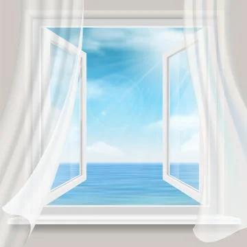 View through a window with curtains to the sea. Illustrazione stock