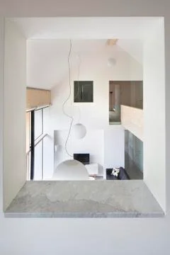 View through window interior large luxury house large living space Stock Photos