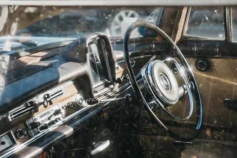 View through the window of old blue Mercedes-Benz 600 parked in London, UK, o Stock Photos