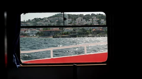 View through the window of a pleasure boat, focus on the background, an island Stock Footage 280664256