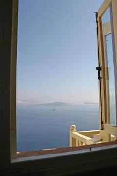 View through the window to Santorini Stock Photos