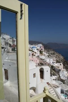 View through the window to Santorini Stock Photos