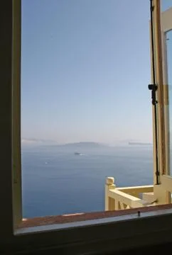 View through the window to Santorini Stock Photos
