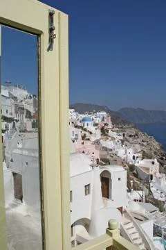 View through the window to Santorini Stock Photos