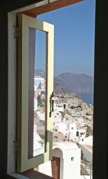 View through the window to Santorini Stock Photos
