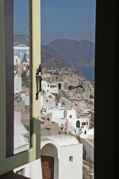 View through the window to Santorini Stock Photos