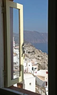 View through the window to Santorini Stock Photos