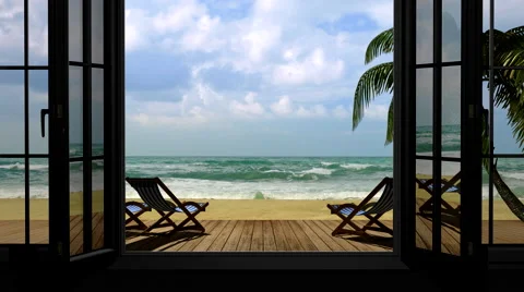 View through a window on the sea, palm trees near the hotel Stock Footage 68623677