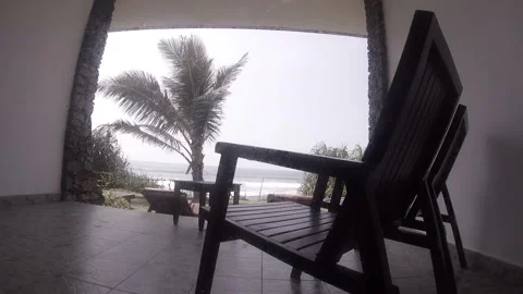 View Through A Window On The Sea, Palm Tree Near The Hotel Stock Footage 113689881