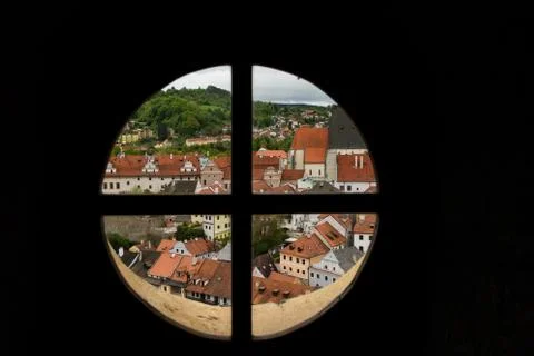 View through the window on the tower of the castle and the view of Cesky Krum Stock-Fotos