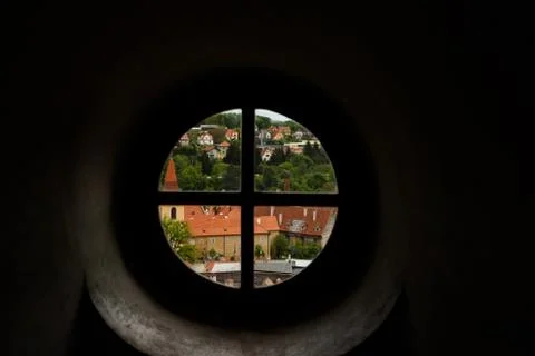View through the window on the tower of the castle and the view of Cesky Krum Stock-Fotos