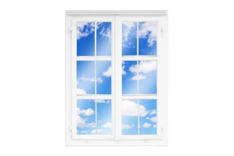 View through the window to white clouds, sky. Concept of relaxation, good moo Stock Photos