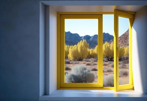 View through yellow frame window into a desert, ai generated Ilustración de archivo