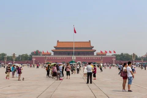 View of the Tiananmen square with travelers Stock Photos