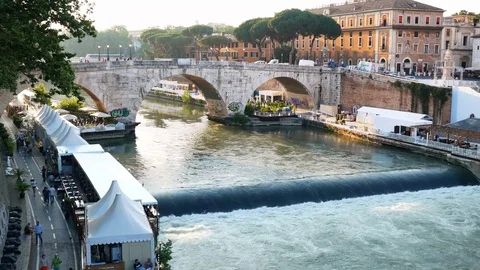 View of tiber river from Cestio Bridge Rome Italy Stock Footage 77007189