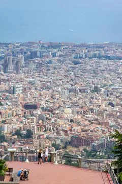 View from Tibidabo through the view point and city buildings, Barcelona, Spain Stock Photos