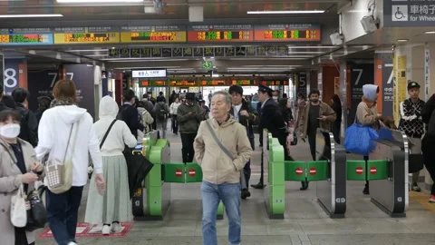 View to the ticket gate in the train station with croeded passenger get thr.. Stock-Footage 329674162
