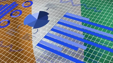View tilting and panning, blue pie rotating left, bars entering and extending, Stock Footage 335282179