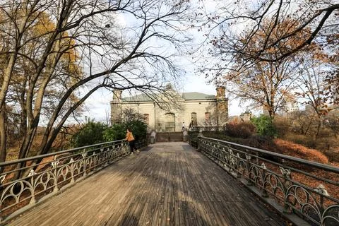 View of a timber bridge in Central Park, New York City Stock Photos