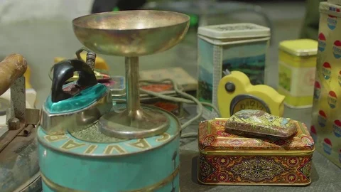 View of tiny old stuff on table during exhibition Stock Footage 83056158