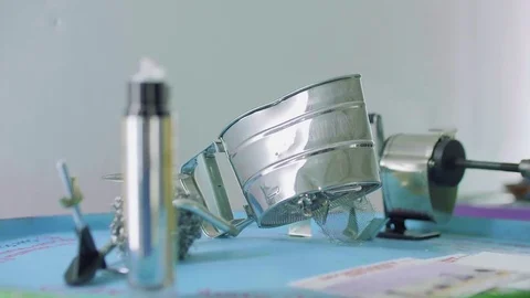 View of tiny old stuff on table during exhibition Video stock 83056436