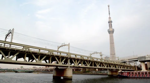 View of Tokyo Skytree from Sumida river Stock Footage 37691414