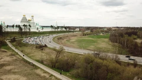 View from the top above the highway on the background of an Orthodox church Stock Footage 305567773