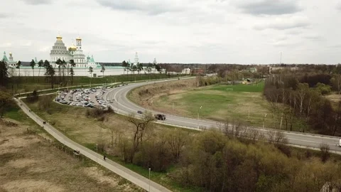 View from the top above the highway on the background of an Orthodox church Stock Footage 305567775