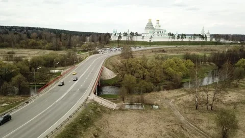 View from the top above the highway on the background of an Orthodox church Stock Footage 305567778