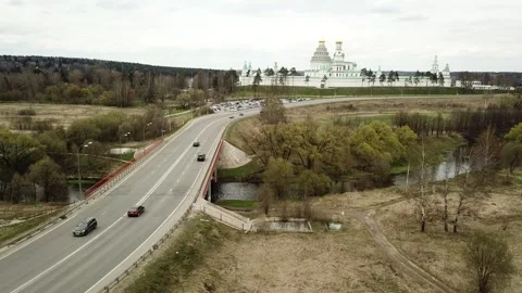 View from the top above the highway on the background of an Orthodox church Stock Footage 305567780