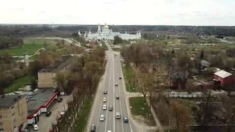 View from the top above the highway on the background of an Orthodox church Stock Footage 305568151