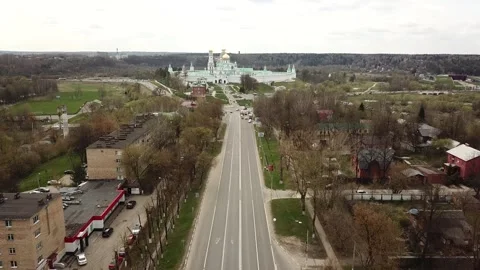 View from the top above the highway on the background of an Orthodox church Stock Footage 305568169