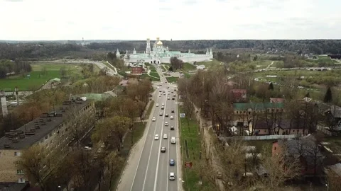 View from the top above the highway on the background of an Orthodox church Stock Footage 305568190