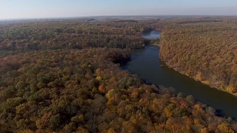 View from the top to the autumn forest and the river Video stock 87471232