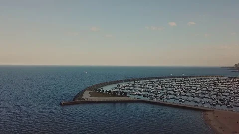 View from the top on the bay with boats, nice panoramic view of Chicago from the Stock Footage 83530008