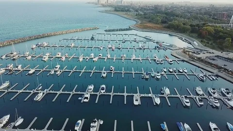 View from the top on the bay with boats, nice panoramic view of Chicago from the Stock Footage 83530420
