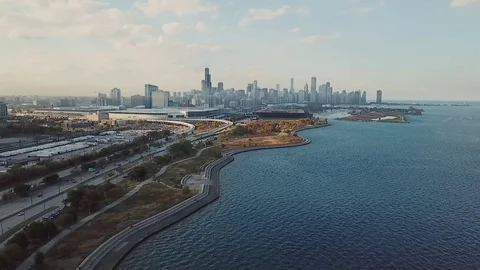 View from the top on the bay with boats, nice panoramic view of Chicago from the Stock Footage 83530628