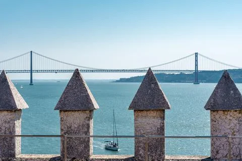 View from the top of Belem tower, small boat passing by Stock Photos