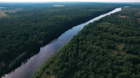 View from the top of bends of river among wooded shores and reflection of clouds Vidéo 231258246
