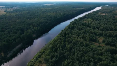 View from the top of bends of river among wooded shores and reflection of clouds Vidéo 234613669