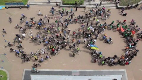 View from top of bicycle flashmob Stock Footage 73784333
