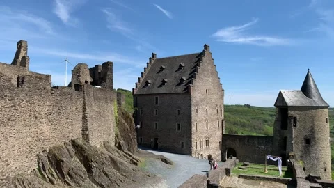 View from the top of Bourscheid Castle. Stone walls and watchtowers. Luxembourg Stock Footage 308528926
