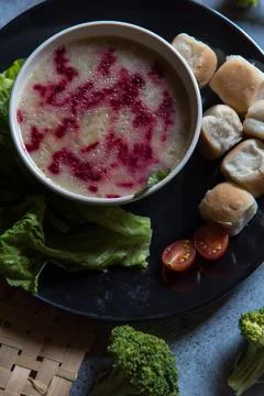 View from top of chicken soup with beetroot. Stock Photos