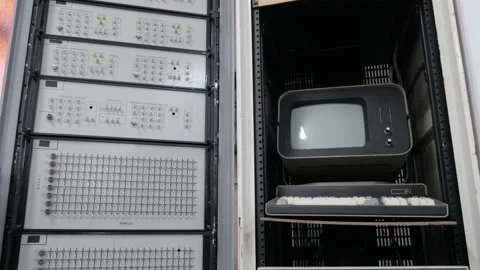 View from the top down of retro computer with electronic dials and buttons Stock Footage 97779035